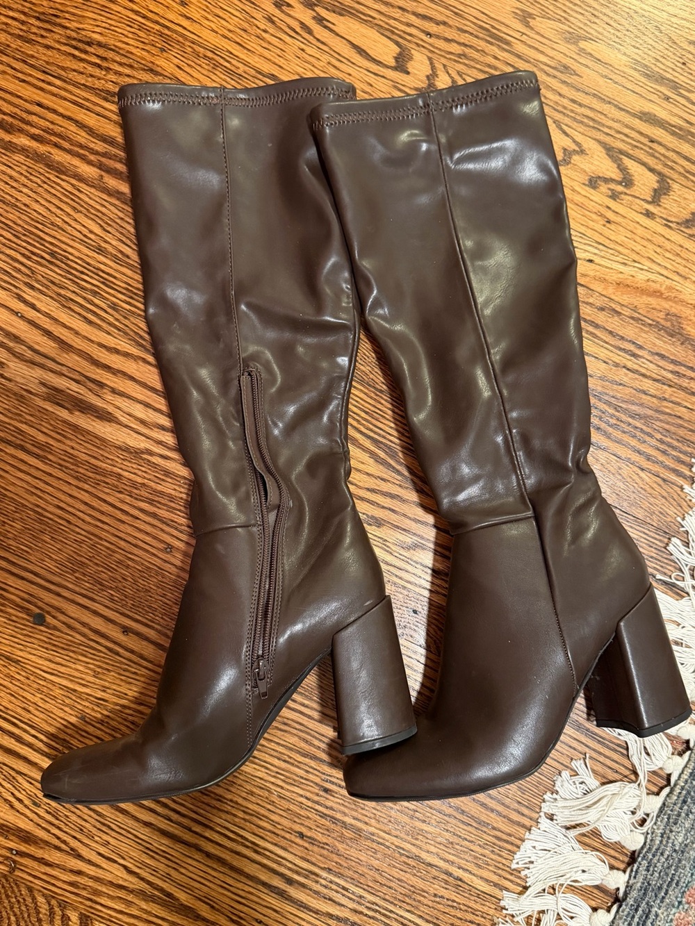 Brown Knee High Shiny 3" Heel Boots heeled boots brown fake leather